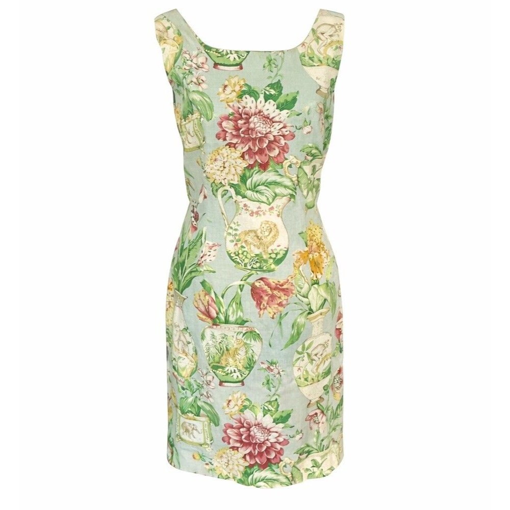 Virgo Chinoiserie Linen Sheath Dress Sz. 10P Beaded Grand Millennial 90’s Floral